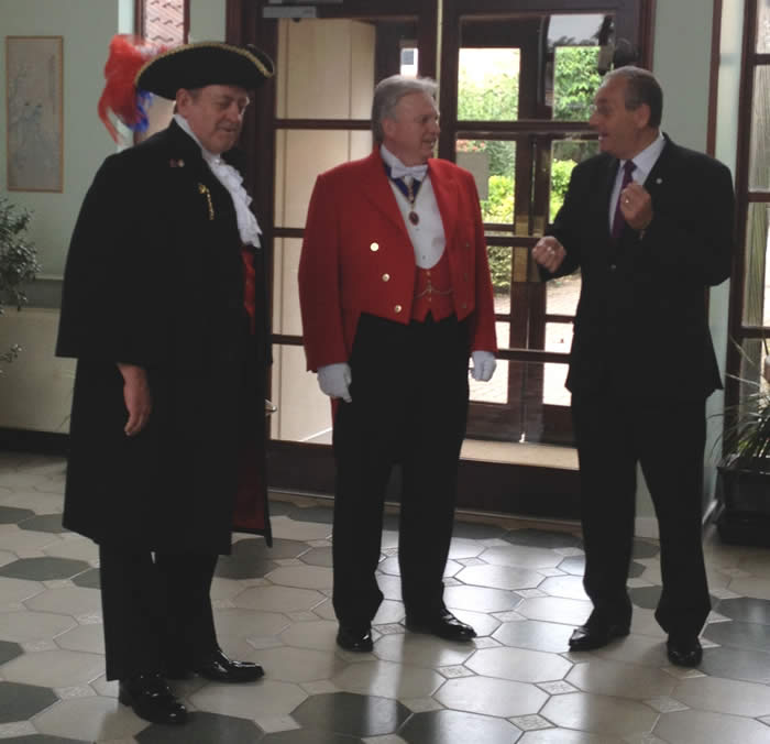 Ian Thornton, Town Crier with the mayor of Chelmsford's Chauffeur and Richard Palmer from the English Toastmasters Association