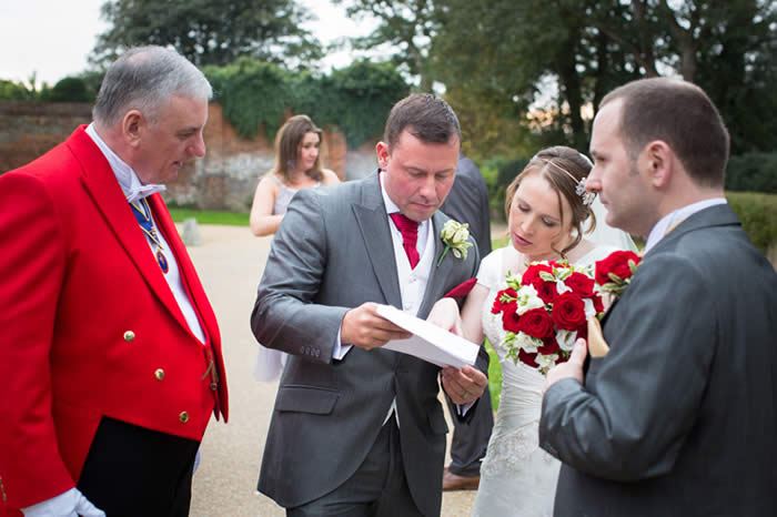 The Hertfordshire wedding toastmaster with the Bride and Groom at Hatfield House